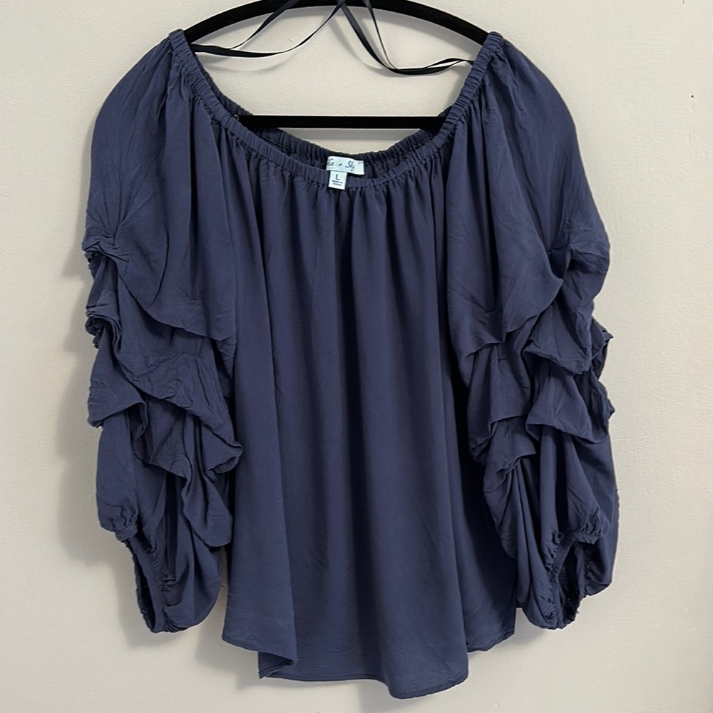 She + Sky Navy Ruffle Sleeve Off-Shoulder Blouse
